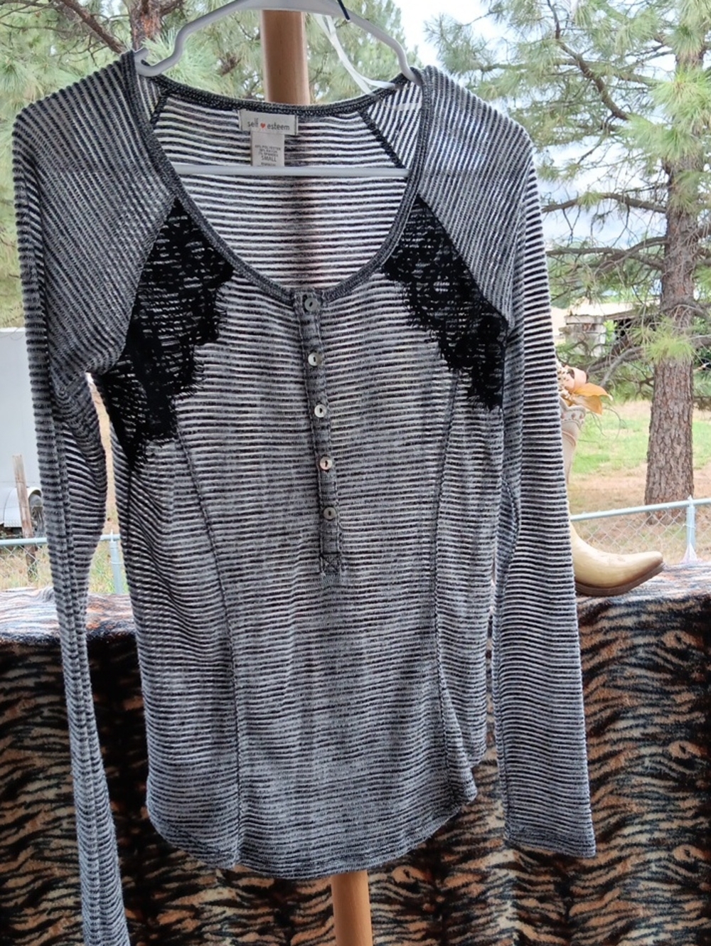Self Esteem Black and White Striped Lace-Trim Henley Long Sleeve Top